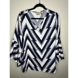 Chico's Shirt Womens Large 2 Blue White Chevron Bell Sleeve Crisscross V Neck